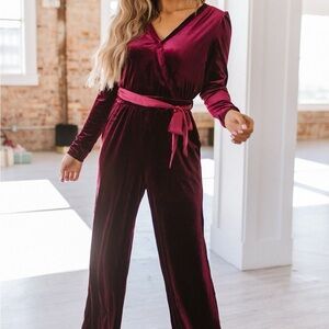 Burgundy Velvet Wrap Jumpsuit
